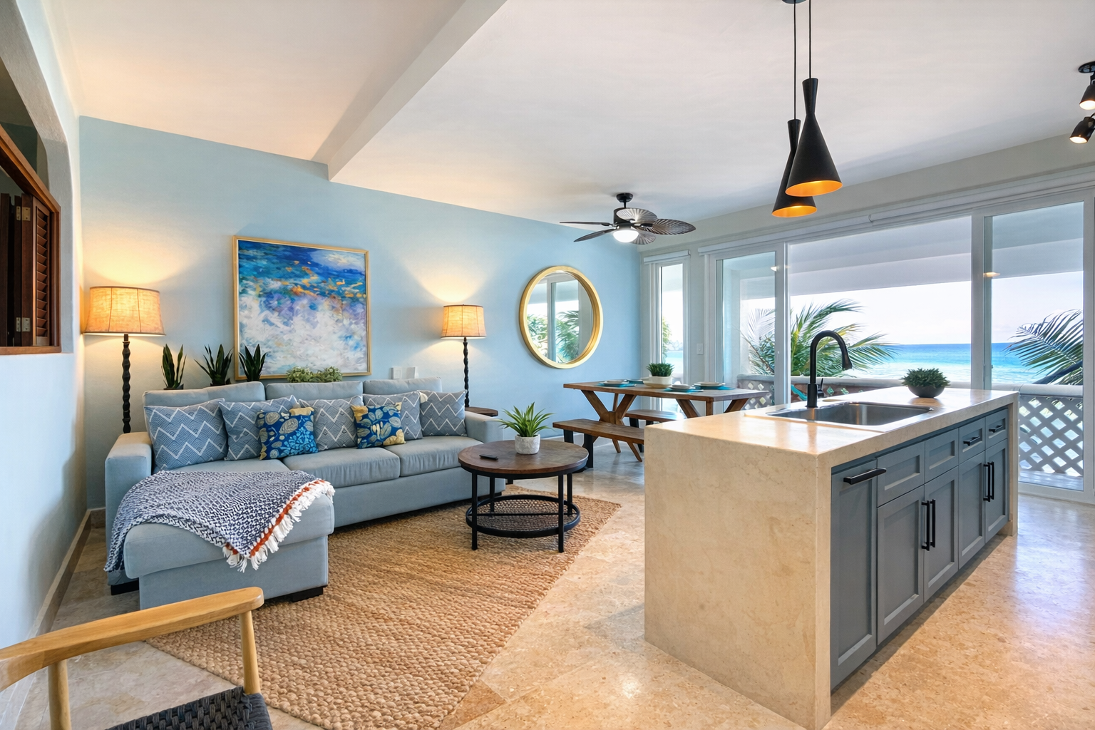 Lol Ka’naab 8 living room and kitchen looking out toward the balcony and sea